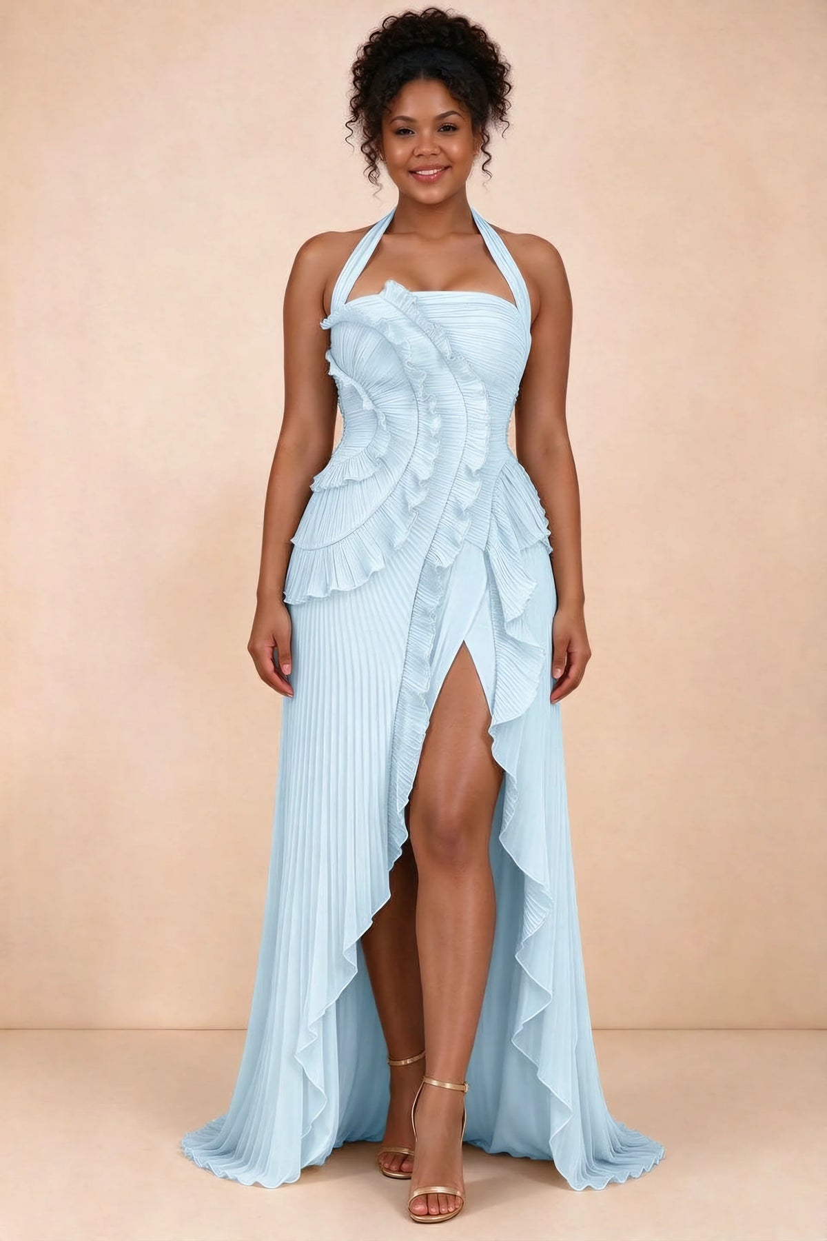 Celeste Sky Blue Pleated Ruffle Halter High Slit Maxi Dress