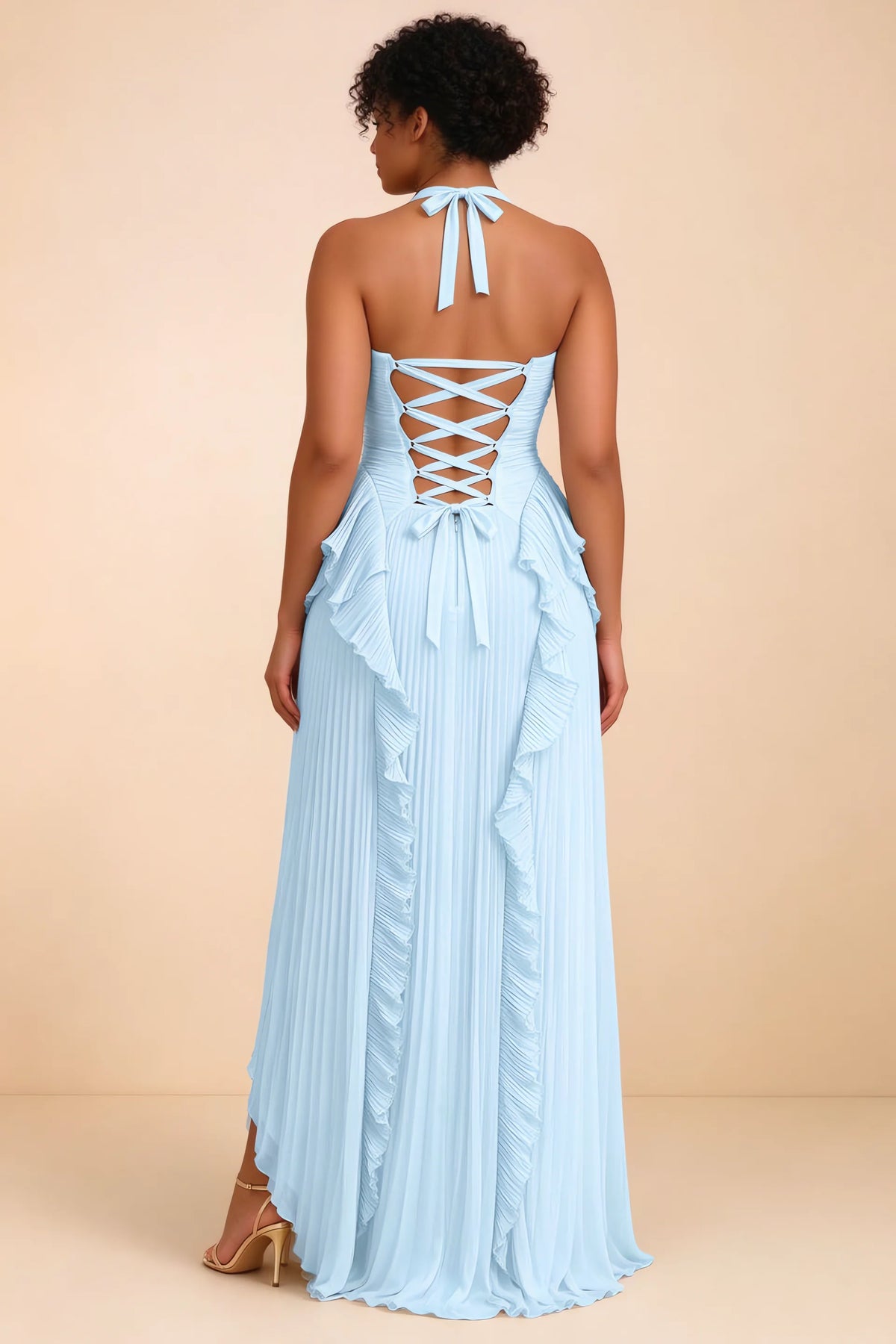Celeste Sky Blue Pleated Ruffle Halter High Slit Maxi Dress