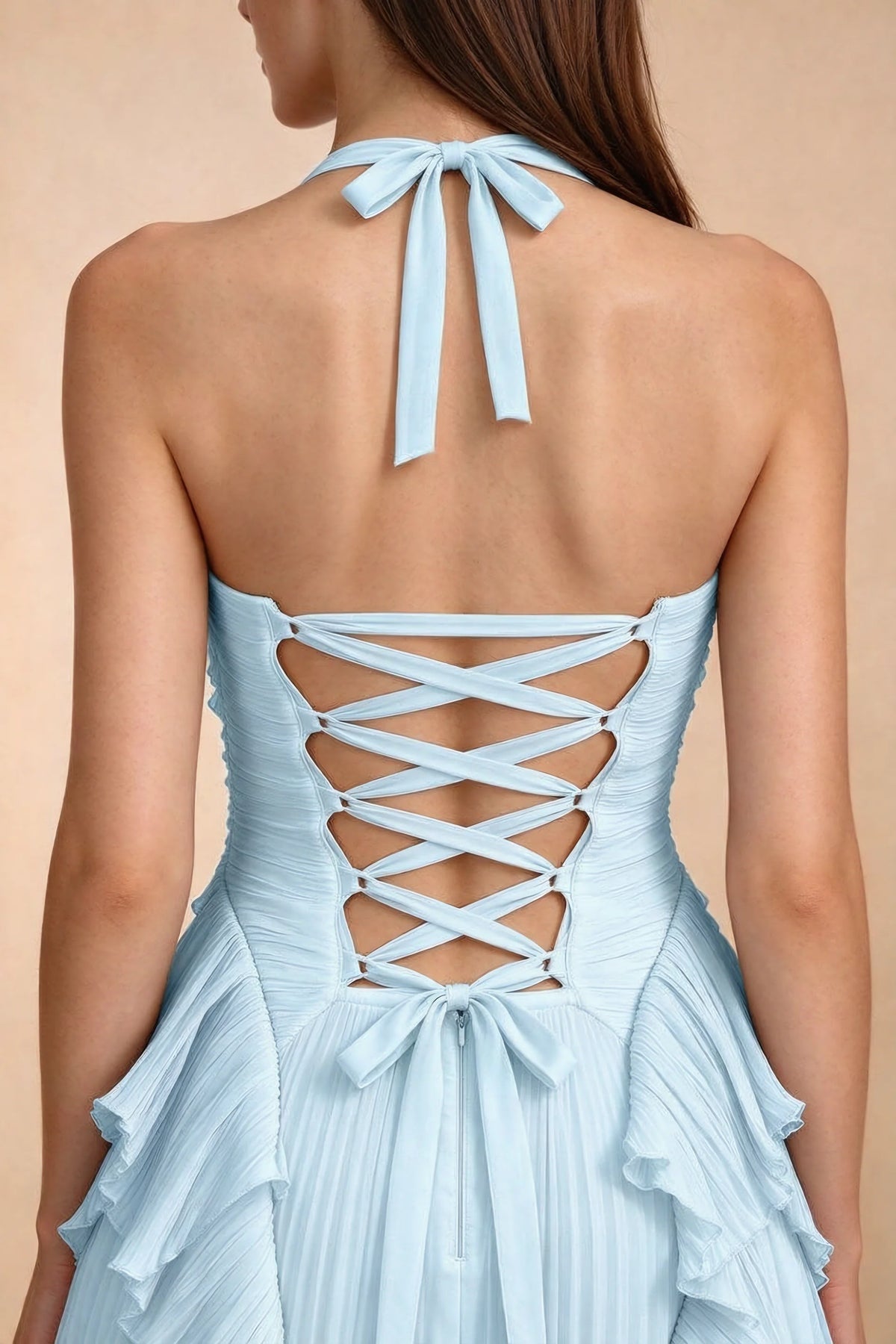 Celeste Sky Blue Pleated Ruffle Halter High Slit Maxi Dress