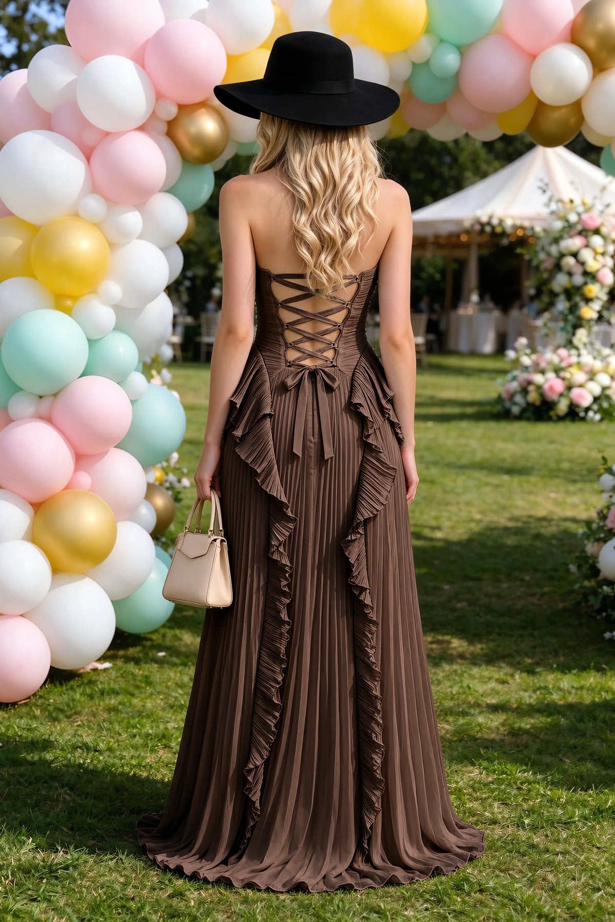 Vestido largo Celeste con cuello halter, volantes plisados y abertura alta Truffle