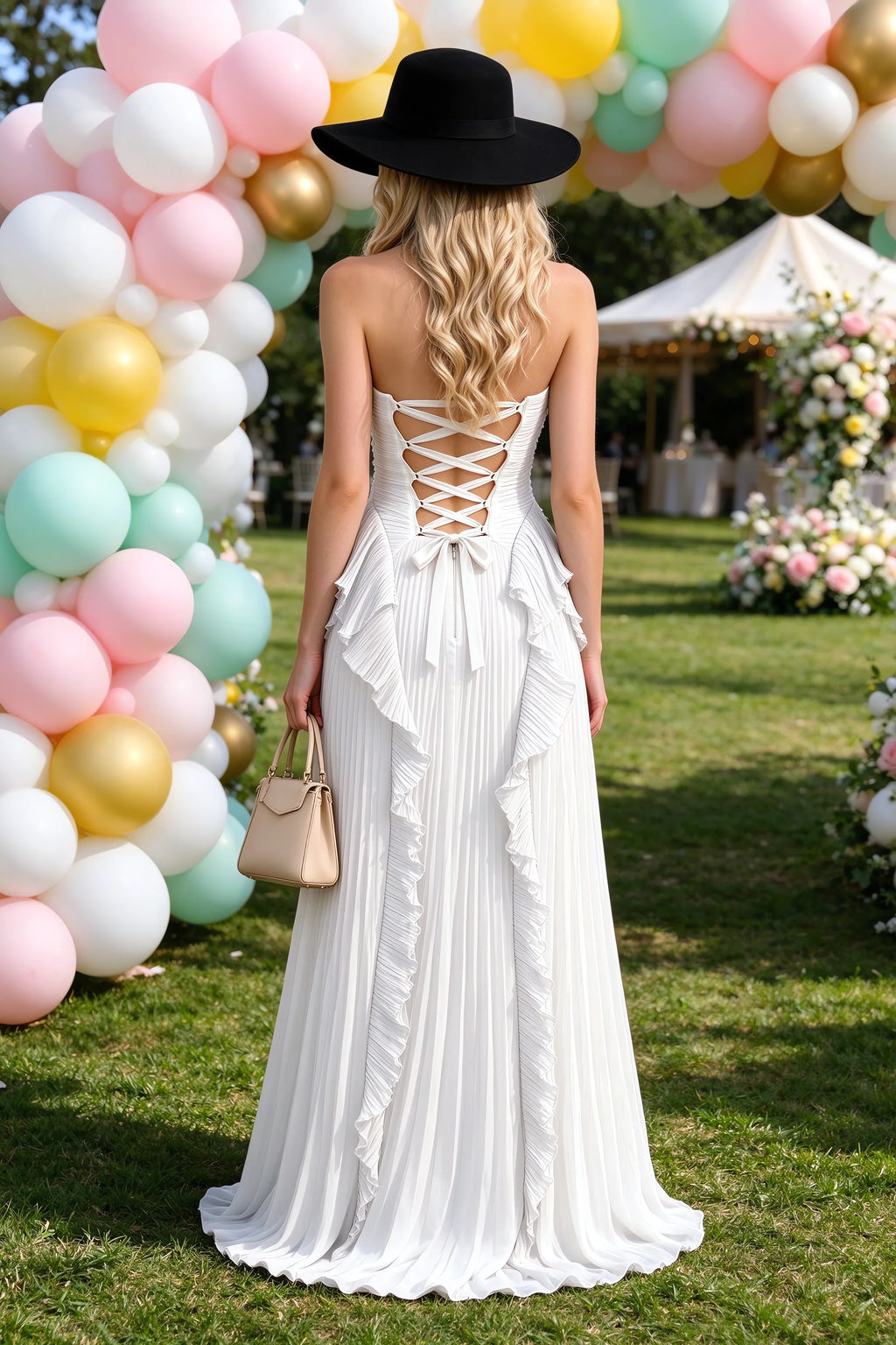 Vestido largo Celeste blanco con volantes plisados, cuello halter y abertura alta