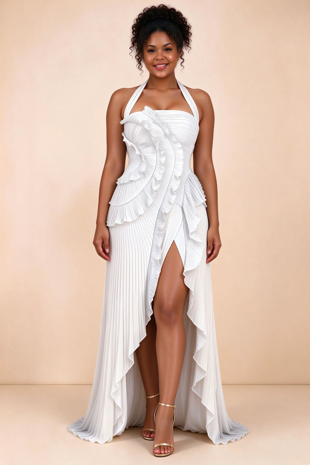 Vestido largo Celeste blanco con volantes plisados, cuello halter y abertura alta