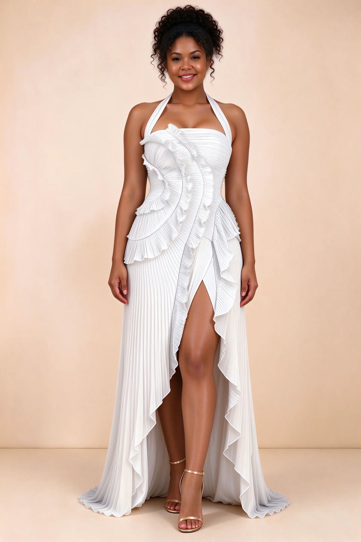 Vestido largo Celeste blanco con volantes plisados, cuello halter y abertura alta