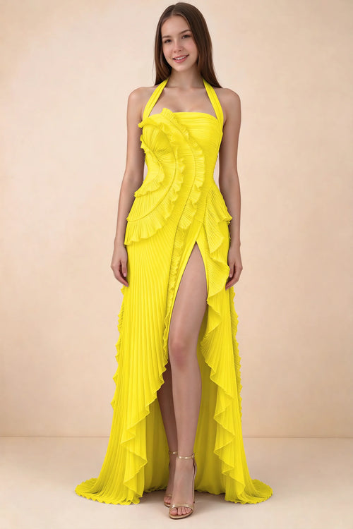 Front studio view of Celeste yellow halter maxi dress with fine pleats, curved ruffles and a high slit