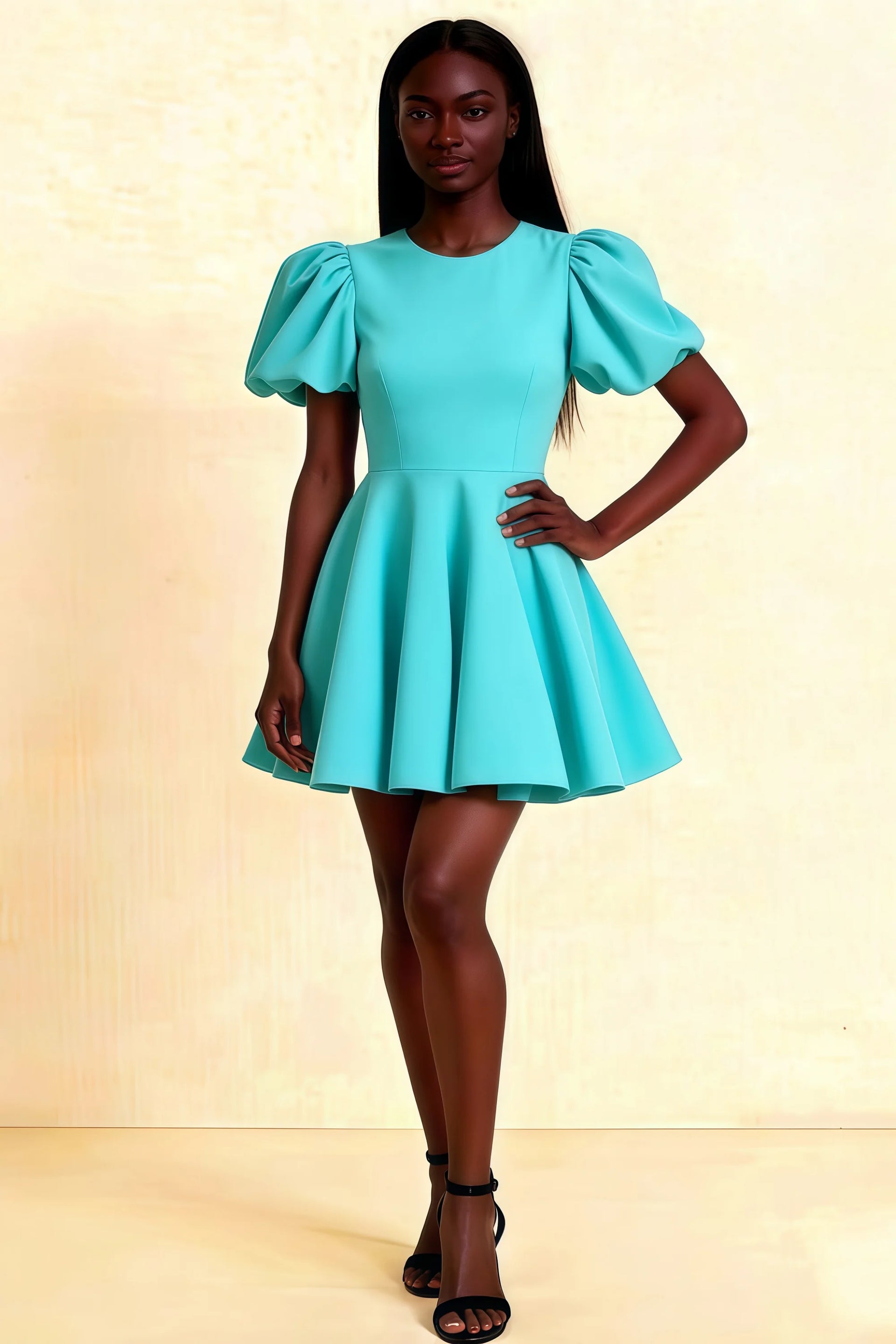 LVLVS Celia aqua stretch crepe crew neck puff sleeve mini dress | birthday party guest outfit | flared skater silhouette fit & flare