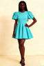LVLVS Celia aqua stretch crepe crew neck puff sleeve mini dress | birthday party guest outfit | flared skater silhouette fit & flare