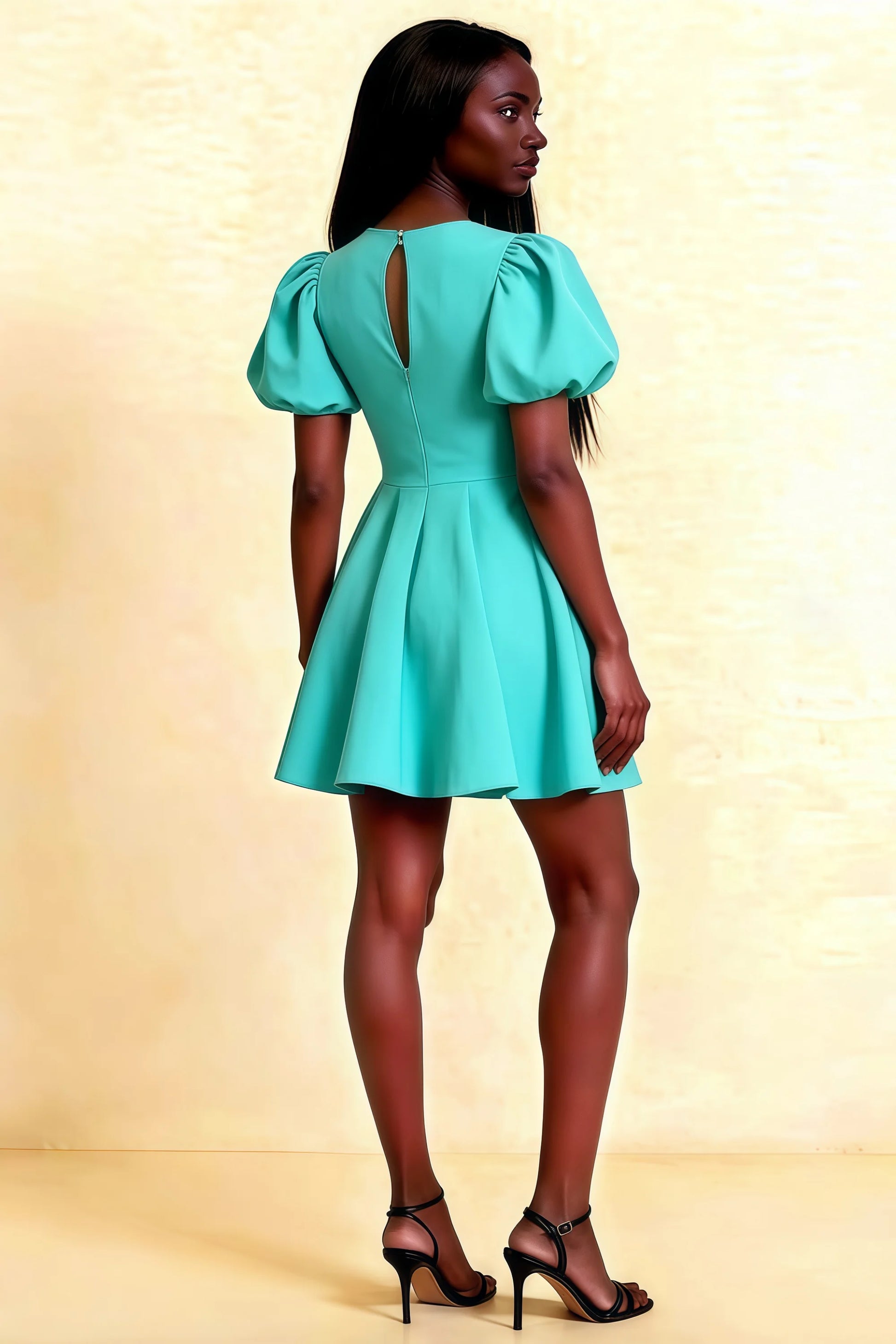 LVLVS Celia aqua dress back view | zipper closure & keyhole back | bridesmaid dress semi-formal event | stretch crepe fabric