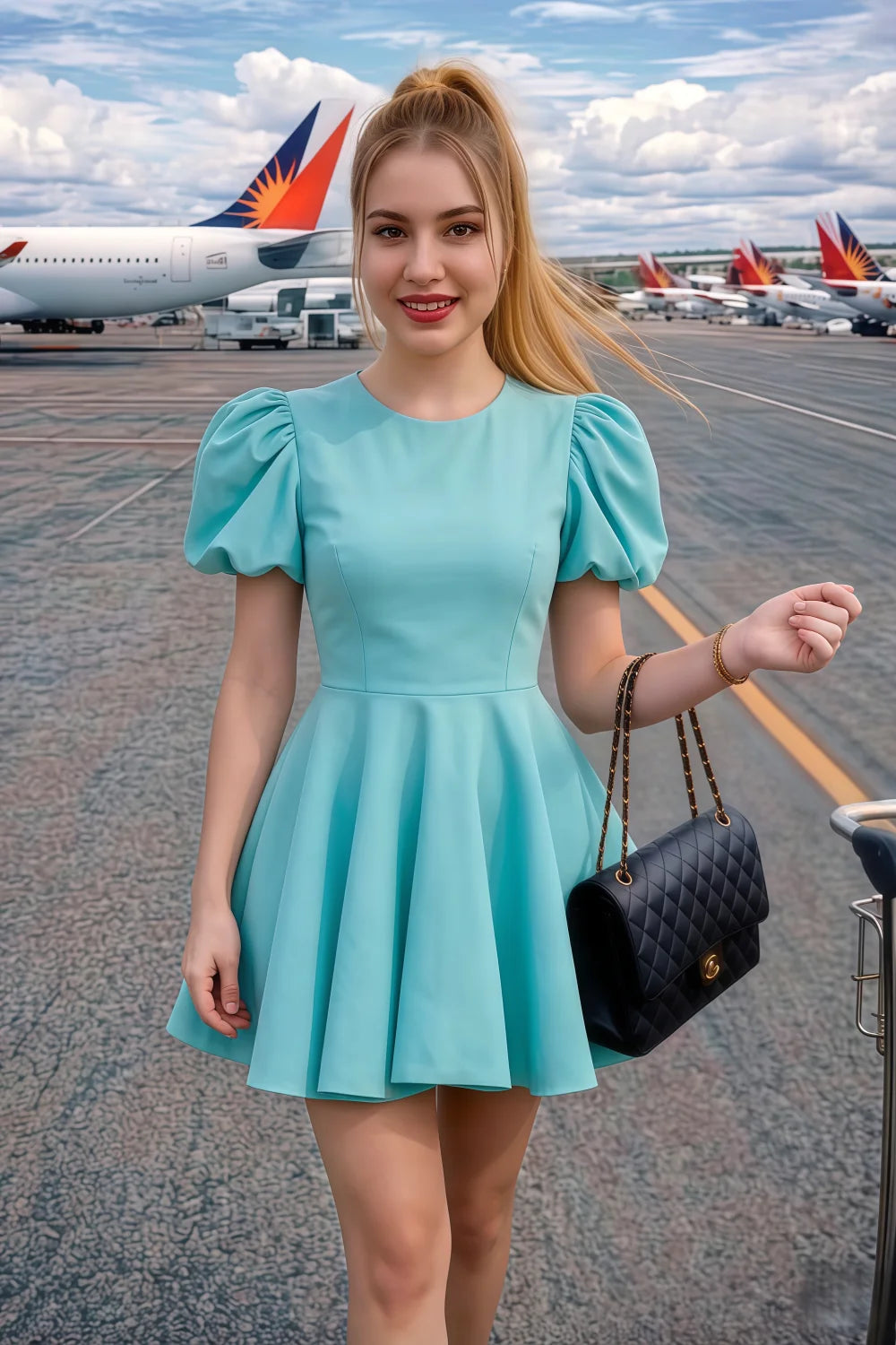 Customer photo LVLVS Celia aqua puff sleeve mini dress | airport travel outfit with quilted bag | going out casual chic style