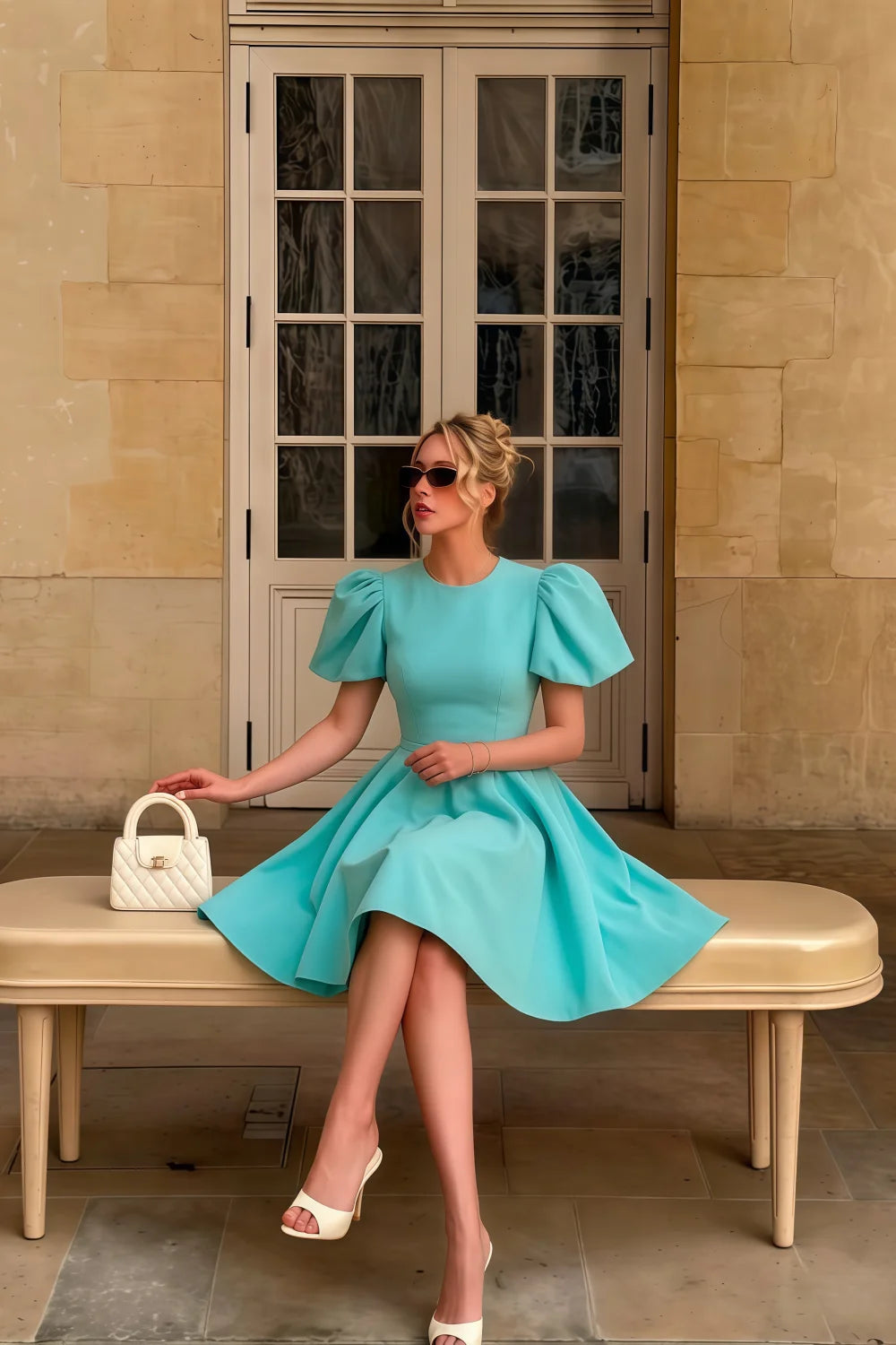 Customer styling LVLVS Celia aqua dress | sitting on bench outdoor | wedding guest or brunch outfit with white handbag