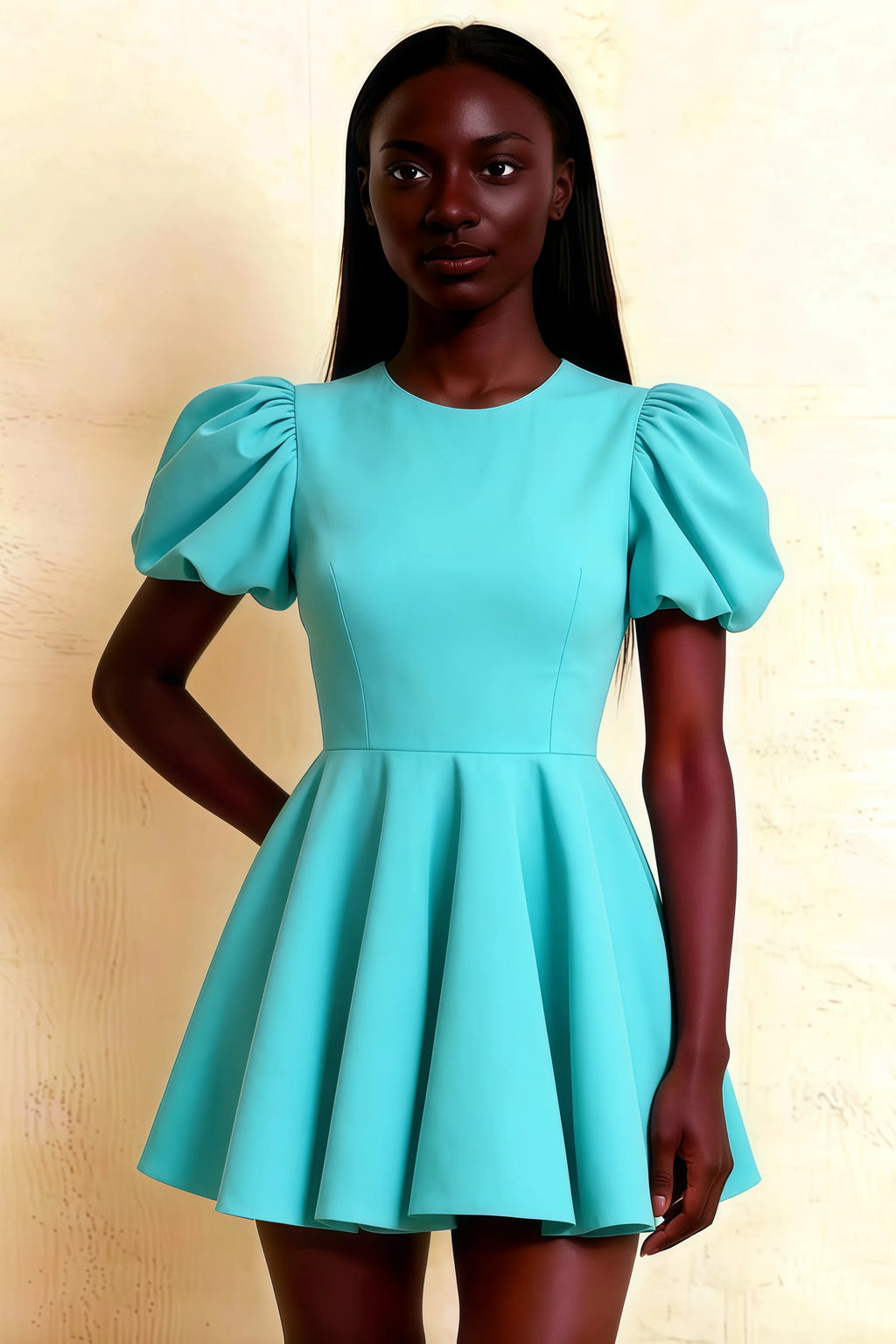 LVLVS Celia aqua crew neck puff sleeve mini dress | classy cocktail party dress | stretch crepe fit & flare silhouette