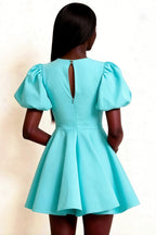 LVLVS Celia aqua dress back detail | keyhole cutout & puff sleeves | formal event or prom dress | stretch crepe fabric