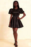 LVLVS Celia black stretch crepe cocktail dress with voluminous puff sleeves and flared mini skirt for party