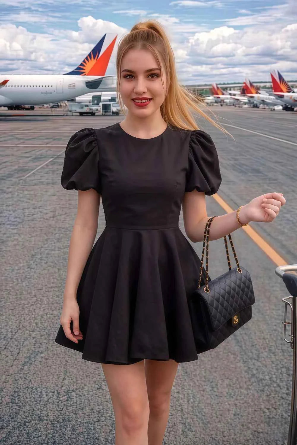 Customer photo of LVLVS Celia black crew neck puff sleeve dress styled for travel and casual day out