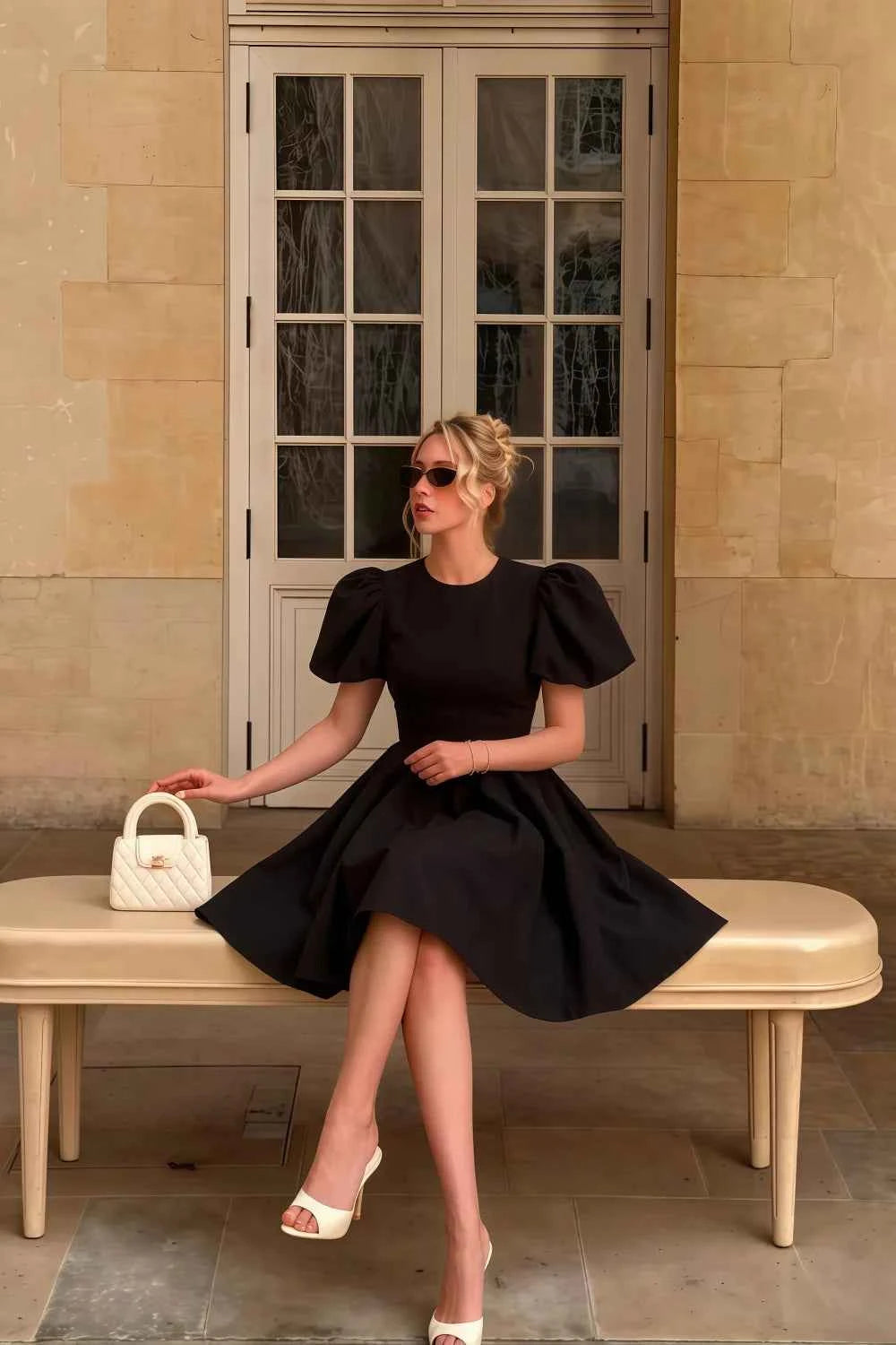 Plus size model in LVLVS Celia black eyelet mini dress sitting elegantly for a classy brunch look