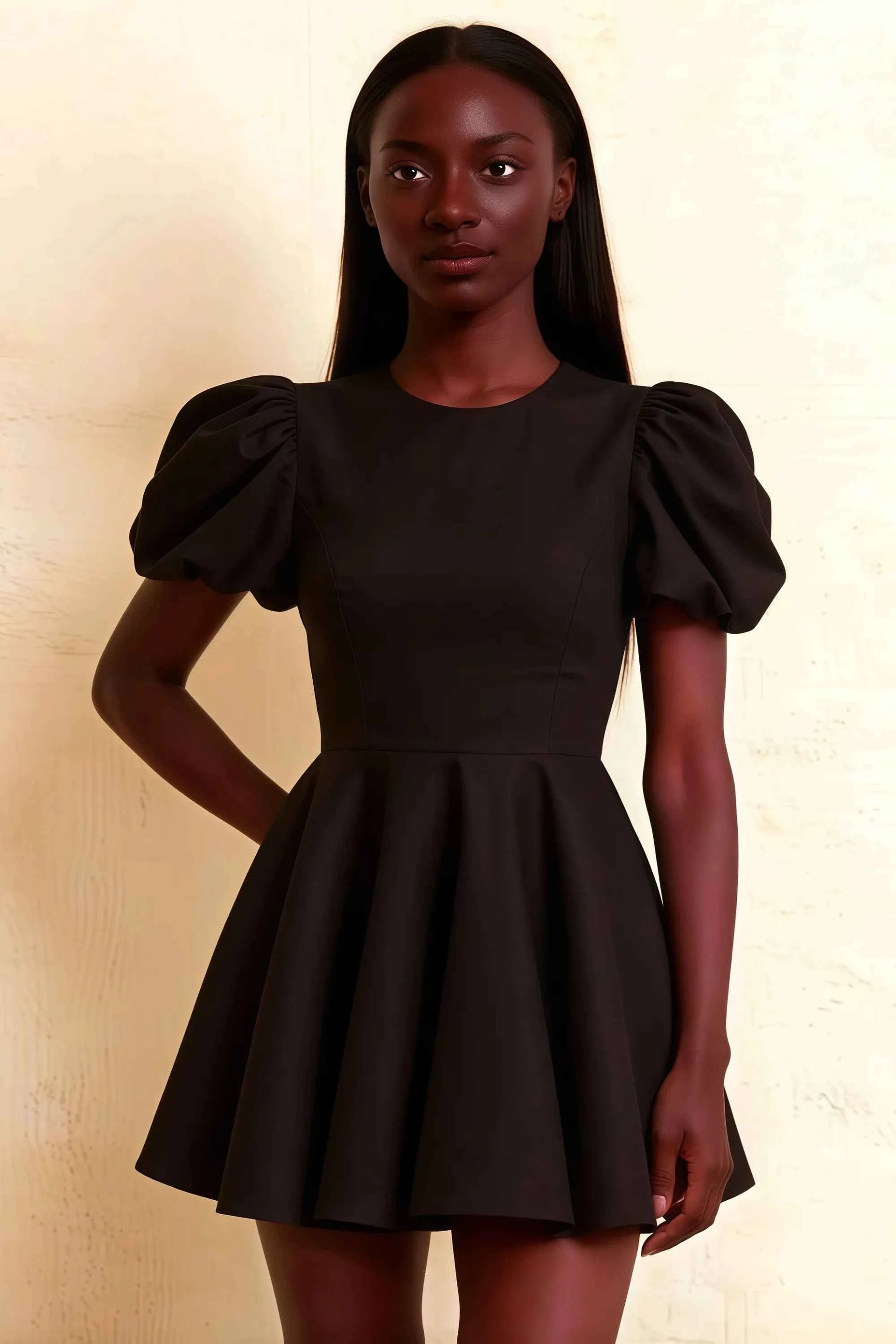 Close up fit and flare silhouette of LVLVS Celia black dress with cinched waist perfect for semi-formal events