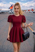 Customer Wearing LVLVS Celia Burgundy Puff Sleeve Mini Dress for Travel and Going Out Airport Look