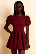 Close-Up of LVLVS Celia Burgundy Stretch Crepe Puff Sleeve Dress for Classy Office or Casual Daywear