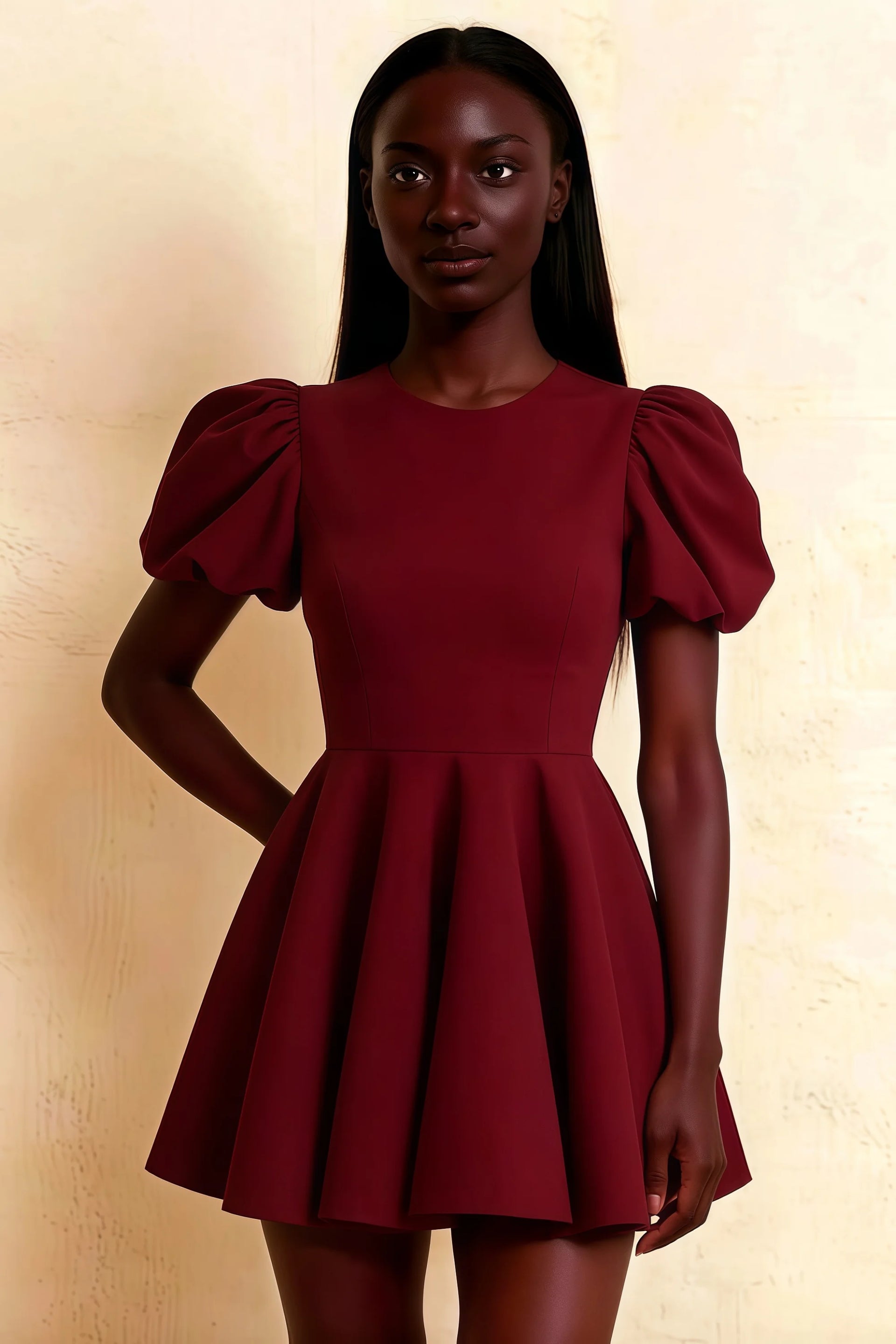 Close-Up of LVLVS Celia Burgundy Stretch Crepe Puff Sleeve Dress for Classy Office or Casual Daywear