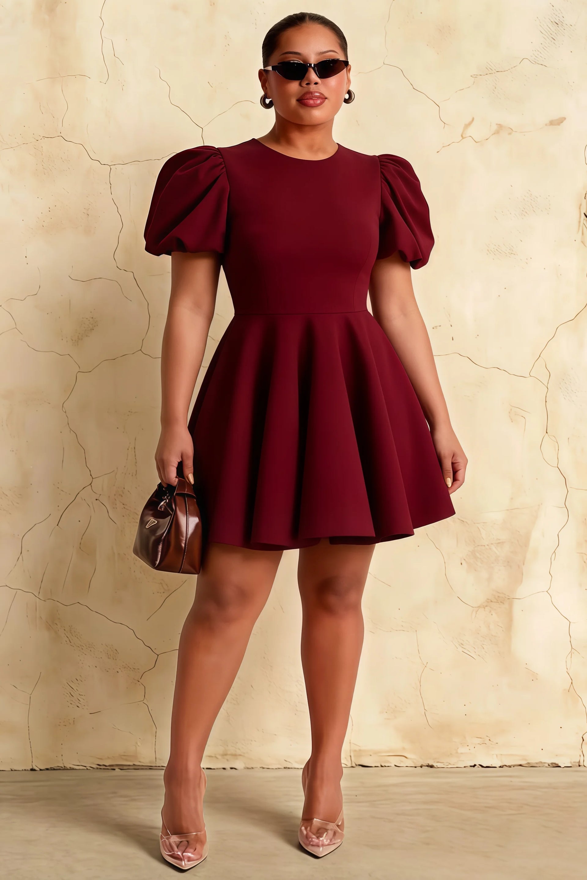 Plus Size Model in LVLVS Celia Burgundy Puff Sleeve Mini Dress for Curvy Women Party or Wedding Guest