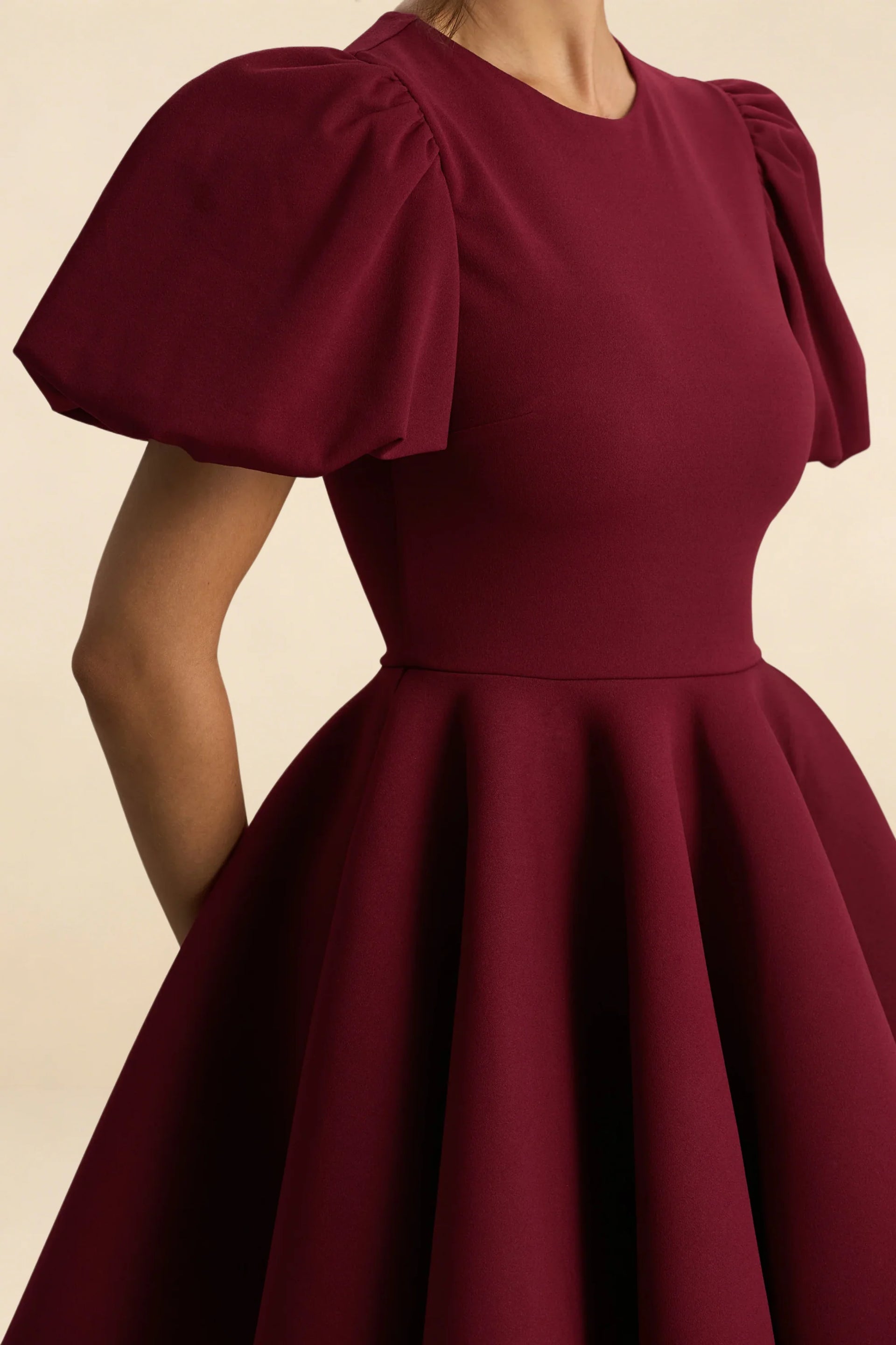 Fabric Detail of LVLVS Celia Burgundy Stretch Crepe Puff Sleeve Dress for High-Quality Formal Wear