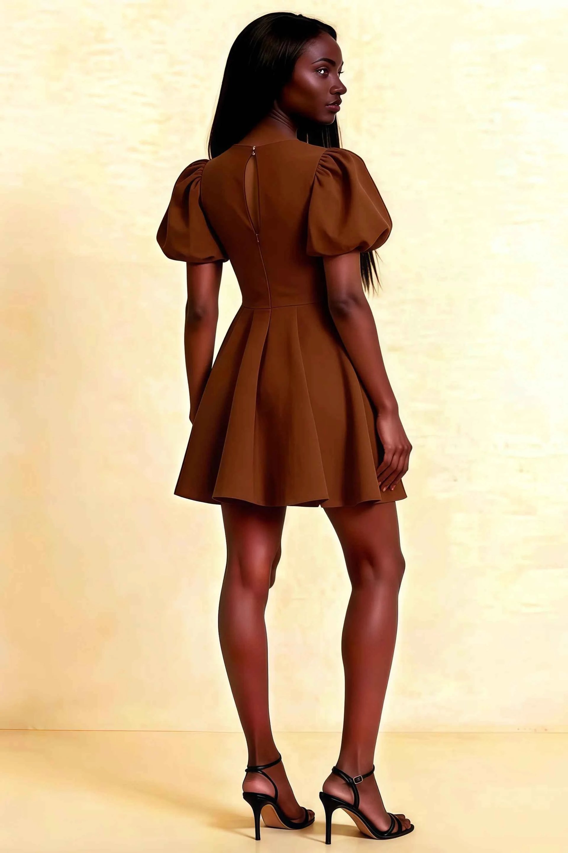 Back View of LVLVS Celia Coffee Stretch Crepe Dress with Keyhole Back, Puff Sleeves & Flare Mini Skirt - Perfect for Formal Gatherings, Semi - Formal Events & Wedding Guests