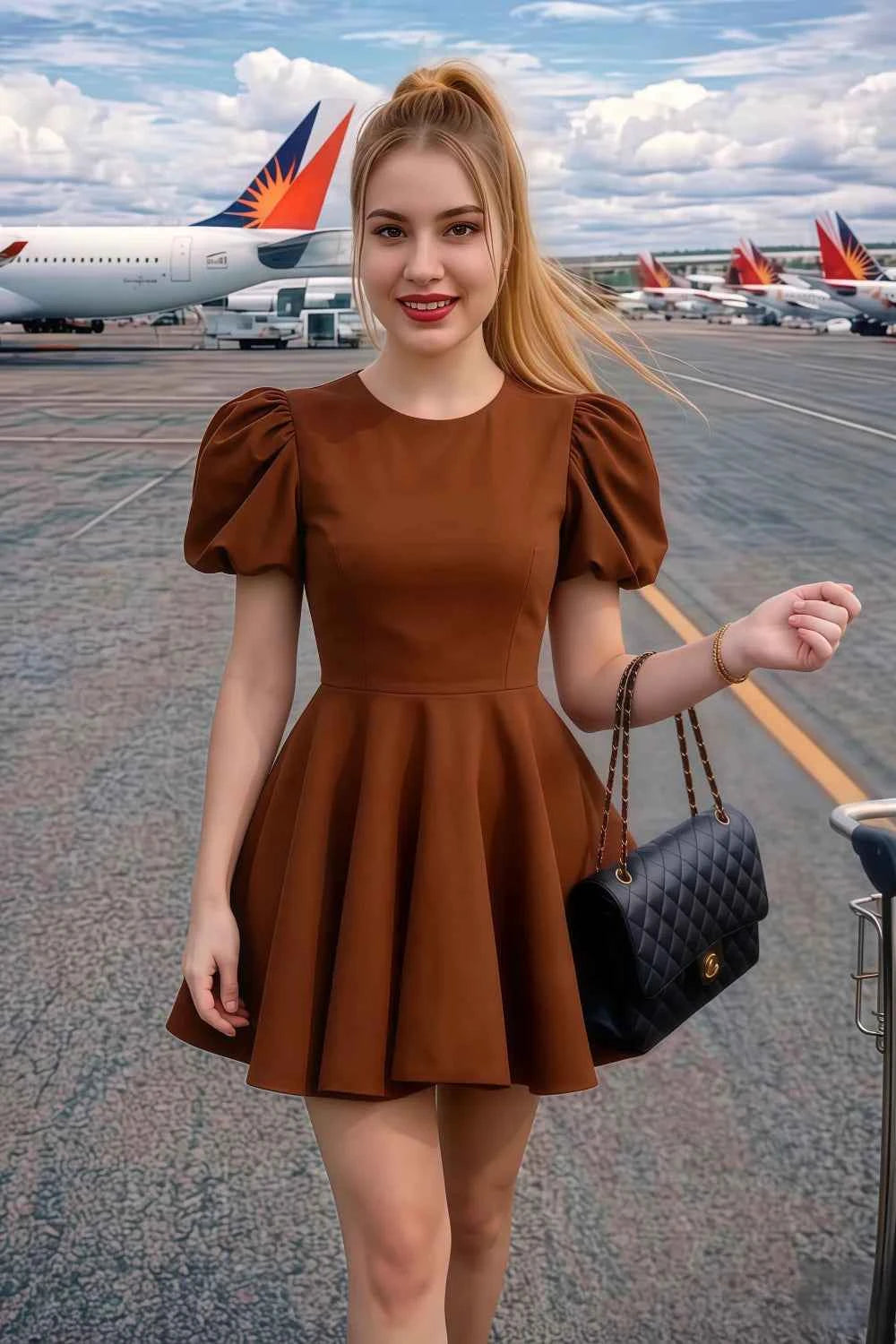 Customer Wearing LVLVS Celia Coffee Stretch Crepe Dress for Airport Travel, Casual Going Out & Day Parties - Puff Sleeve Mini Dress with Chic Accessories