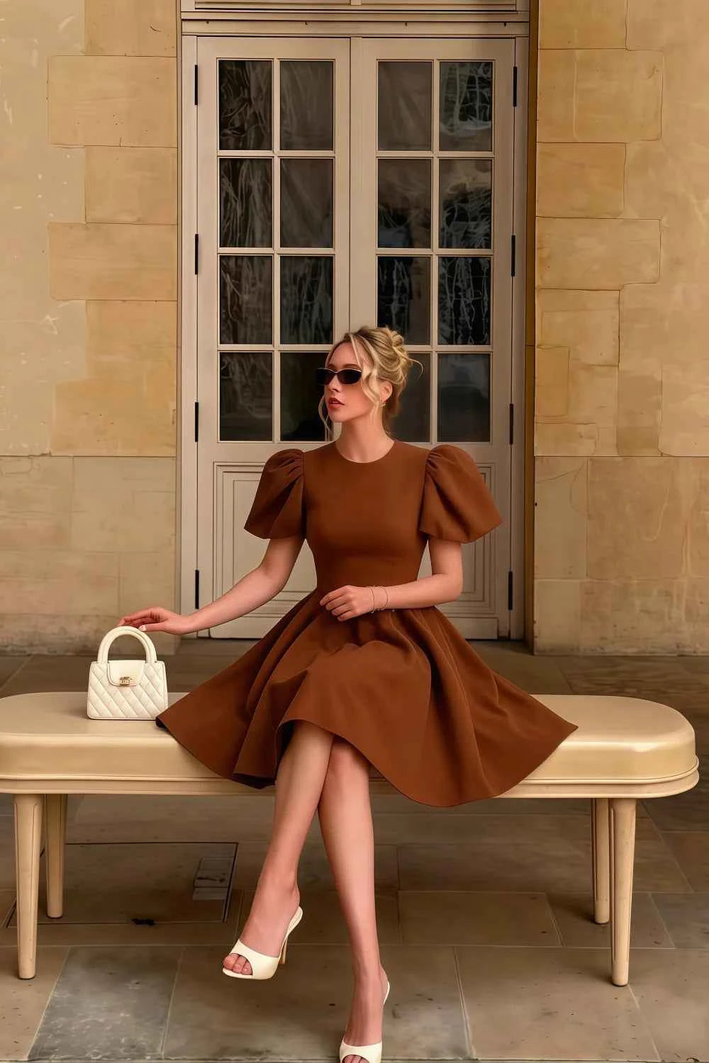 Customer in LVLVS Celia Coffee Stretch Crepe Dress for City Sightseeing, Brunch Dates & Semi - Formal Occasions - Elegant Puff Sleeve Mini Dress with White Handbag