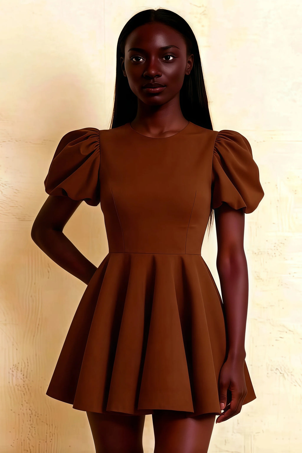 Close - up Front View of LVLVS Celia Coffee Stretch Crepe Dress - Puff Sleeves, Crew Neck & Fit and Flare Design for Cocktail Parties, Proms & Graduations
