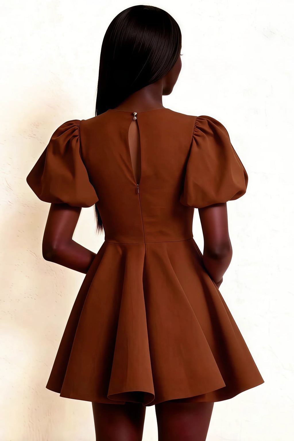 Close - up Back View of LVLVS Celia Coffee Stretch Crepe Dress with Keyhole Cutout - Puff Sleeves & Flare Mini Skirt for Formal Dinners, Club Nights & Sorority Rush