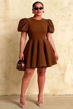 Plus Size Model in LVLVS Celia Coffee Stretch Crepe Dress - Puff Sleeves, Crew Neck & Flare Mini Skirt for Inclusive Bridesmaid, Semi - Formal & Office & Work Events