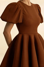 Close - up of LVLVS Celia Coffee Stretch Crepe Dress - Puff Sleeves, Crew Neck & Structured Bodice for Elegant Day Parties, Proms & Wedding Guests