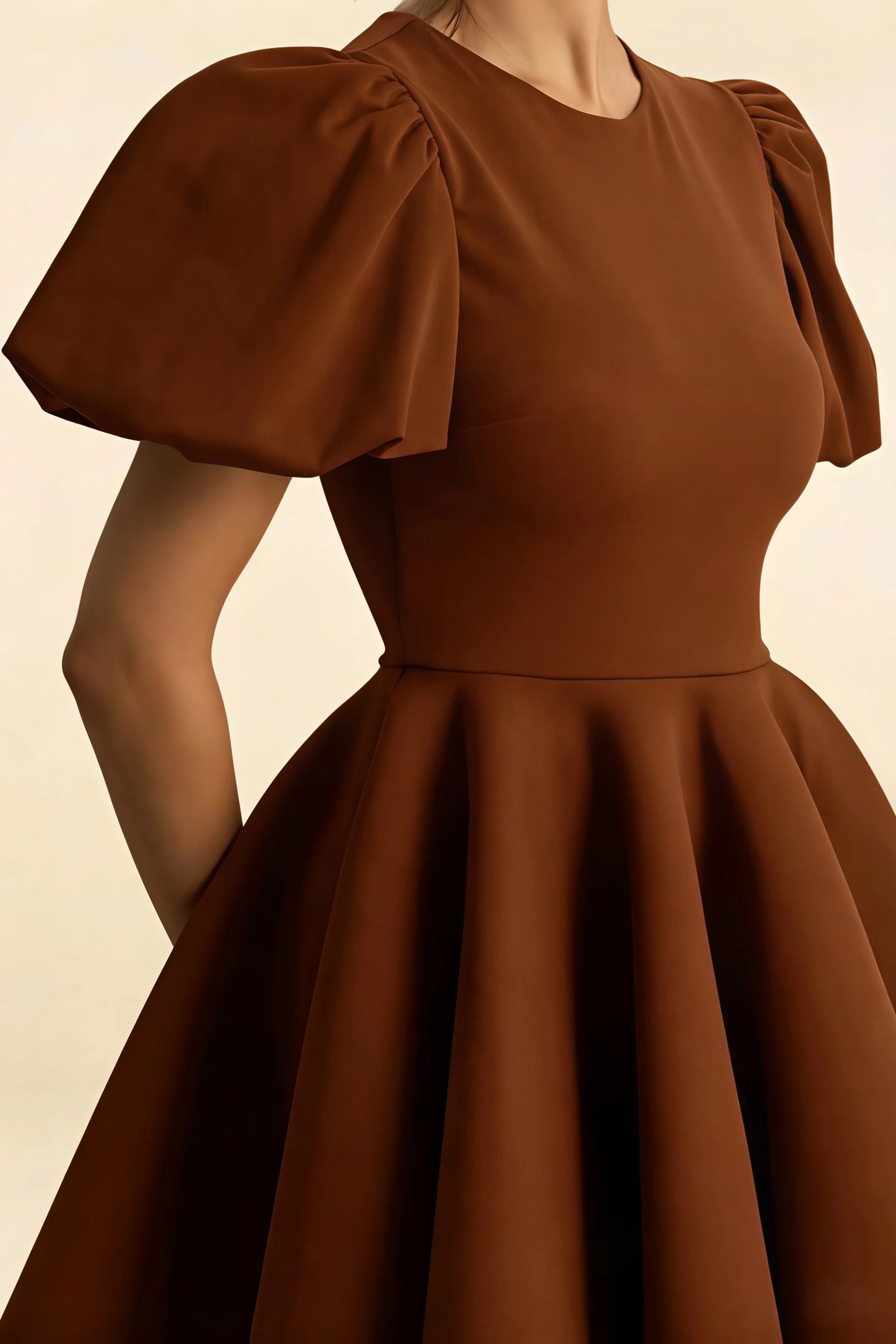 Close - up of LVLVS Celia Coffee Stretch Crepe Dress - Puff Sleeves, Crew Neck & Structured Bodice for Elegant Day Parties, Proms & Wedding Guests
