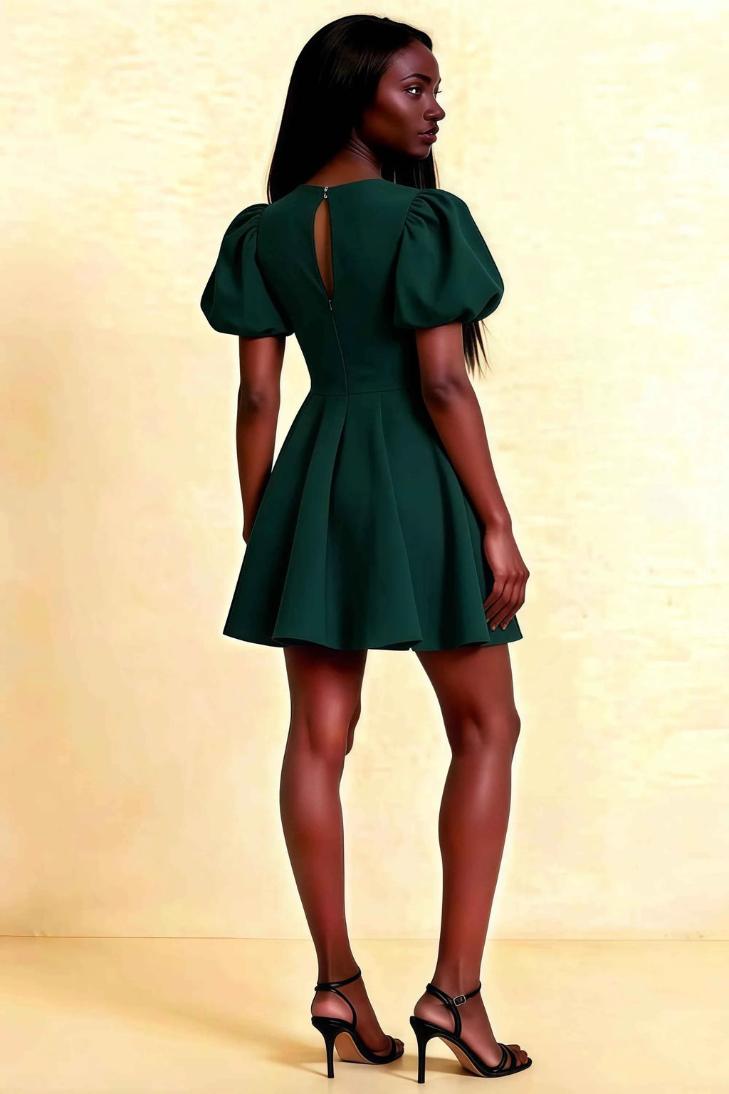 LVLVS Celia Emerald Green Dress Back View Keyhole Detail Puff Sleeves Stretch Crepe Mini Skater Dress for Semi - Formal Dance