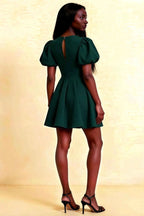 LVLVS Celia Emerald Green Dress Back View Keyhole Detail Puff Sleeves Stretch Crepe Mini Skater Dress for Semi - Formal Dance
