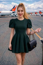 Customer Wearing LVLVS Celia Emerald Green Stretch Crepe Puff Sleeve Mini Dress for Airport Travel Casual Going Out
