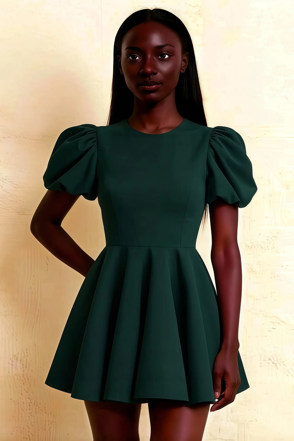 LVLVS Celia Emerald Green Stretch Crepe Puff Sleeve Crew Neck Mini Skater Dress for Graduation Cocktail Party