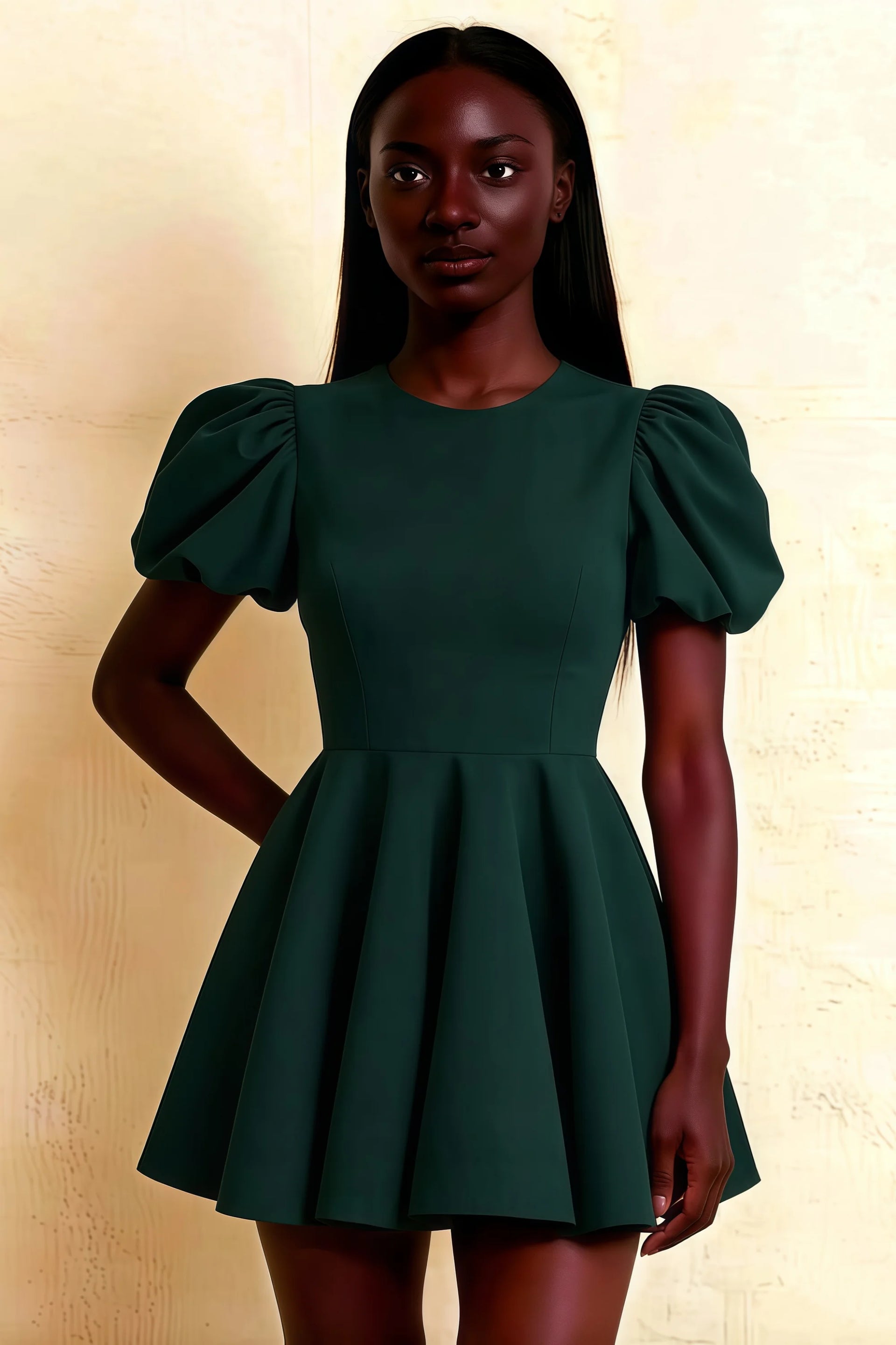 LVLVS Celia Emerald Green Stretch Crepe Puff Sleeve Crew Neck Mini Skater Dress for Graduation Cocktail Party
