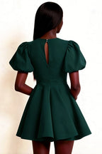LVLVS Celia Emerald Green Dress Back Keyhole Puff Sleeves Stretch Crepe Mini Skater Dress for Prom Homecoming