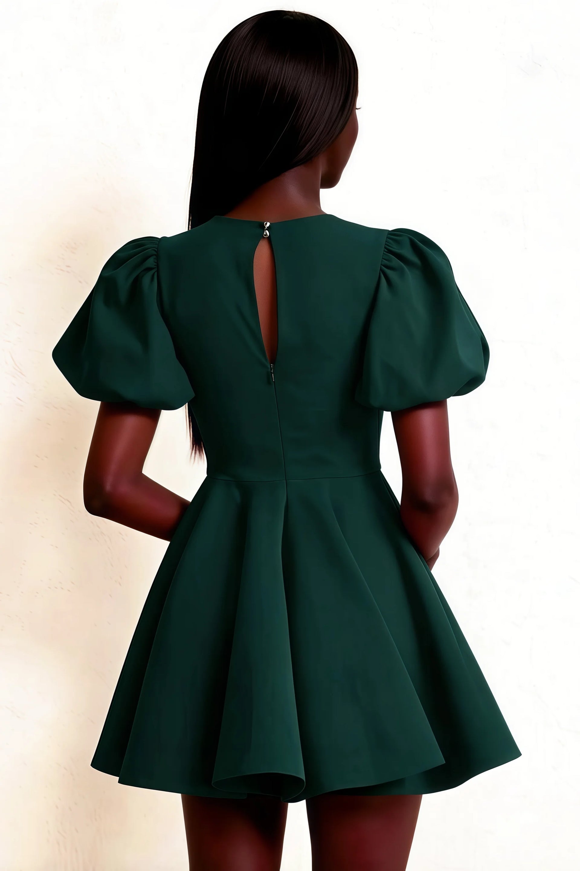 LVLVS Celia Emerald Green Dress Back Keyhole Puff Sleeves Stretch Crepe Mini Skater Dress for Prom Homecoming