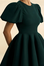 Close Up LVLVS Celia Emerald Green Stretch Crepe Puff Sleeves Crew Neck Mini Dress Fabric Detail for Wedding Guest Semi - Formal