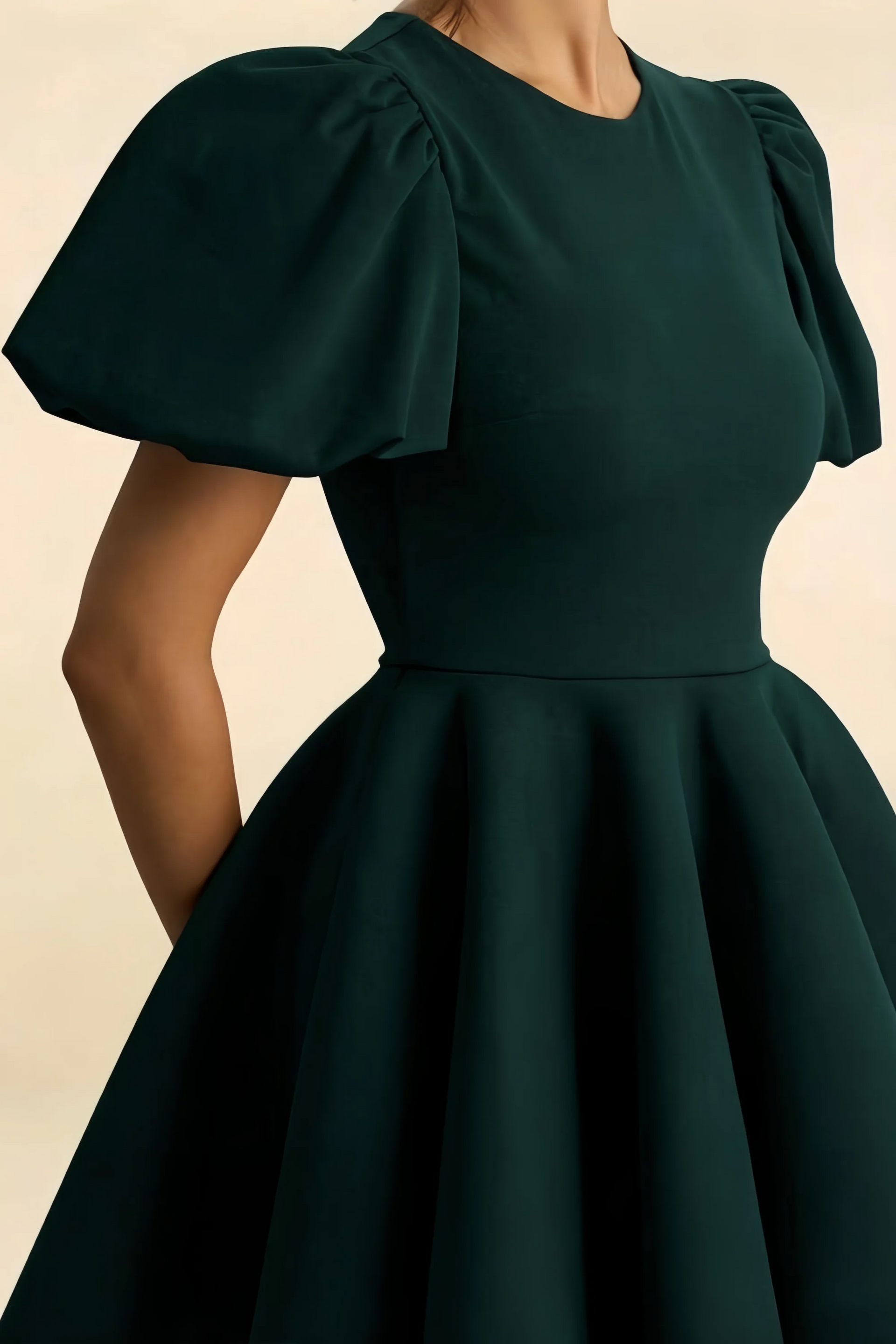 Close Up LVLVS Celia Emerald Green Stretch Crepe Puff Sleeves Crew Neck Mini Dress Fabric Detail for Wedding Guest Semi - Formal