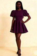 LVLVS CELIA Grape Stretch Crepe Cocktail Dress with Puff Sleeves for Birthday Party
