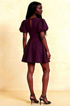 Back View LVLVS Celia Grape Mini Dress Stretch Crepe Puff Sleeves Semi Formal Bridesmaid Dress