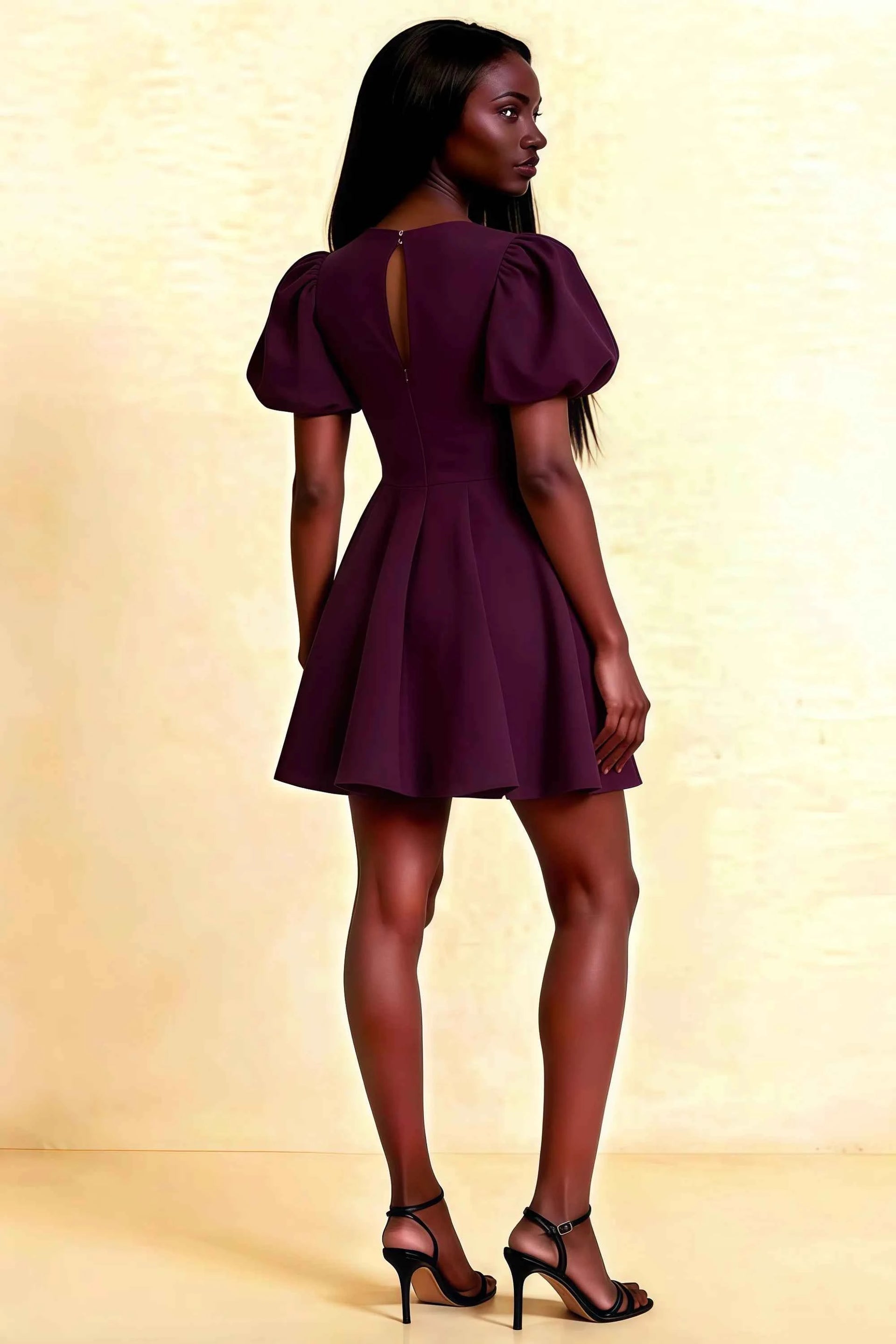 Back View LVLVS Celia Grape Mini Dress Stretch Crepe Puff Sleeves Semi Formal Bridesmaid Dress