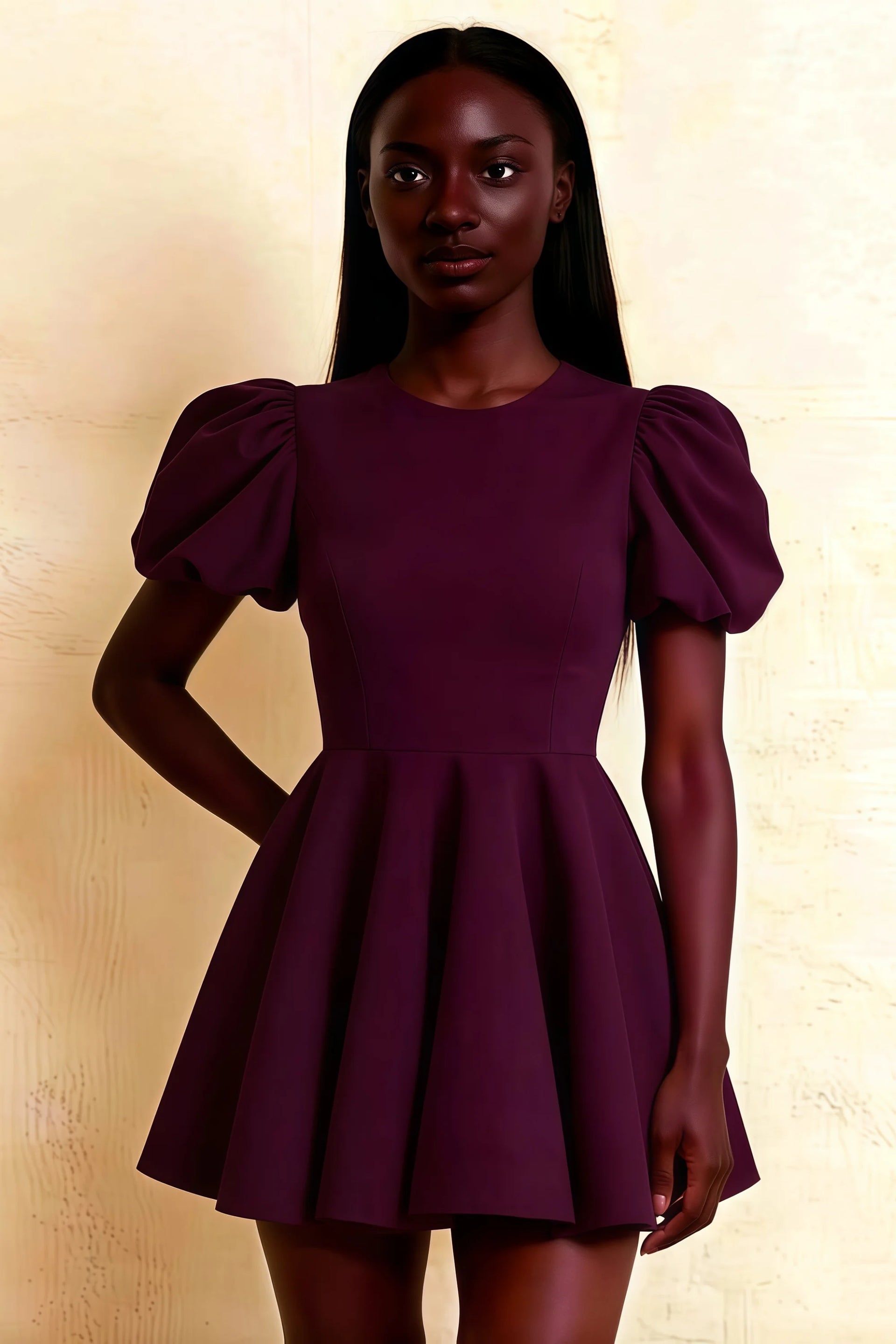 Close Up LVLVS CELIA Grape Puff Sleeve Mini Dress for Homecoming Dance