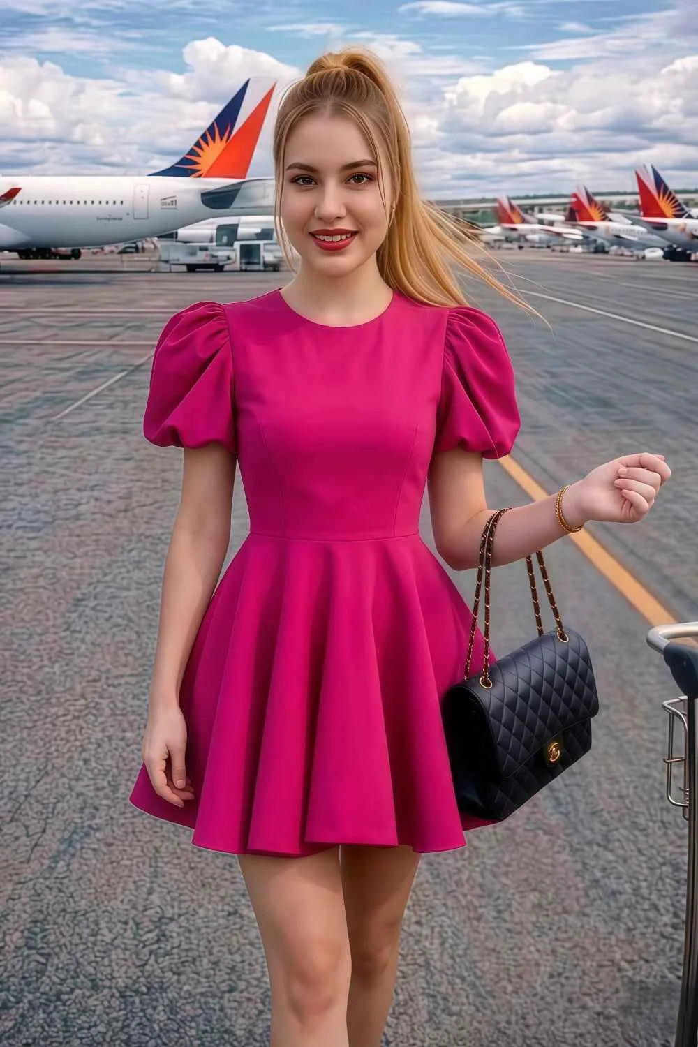Customer photo of the LVLVS Celia hot pink mini dress worn for travel, airport look styled with a black quilted handbag.