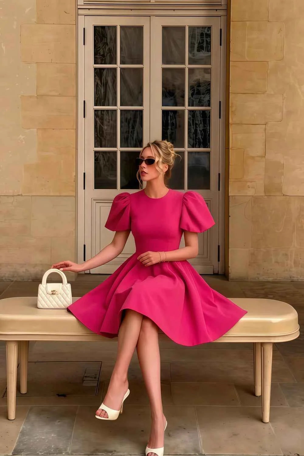 Model styling the LVLVS Celia hot pink puff sleeve dress for a spring brunch date, sitting on a bench with a white handbag.
