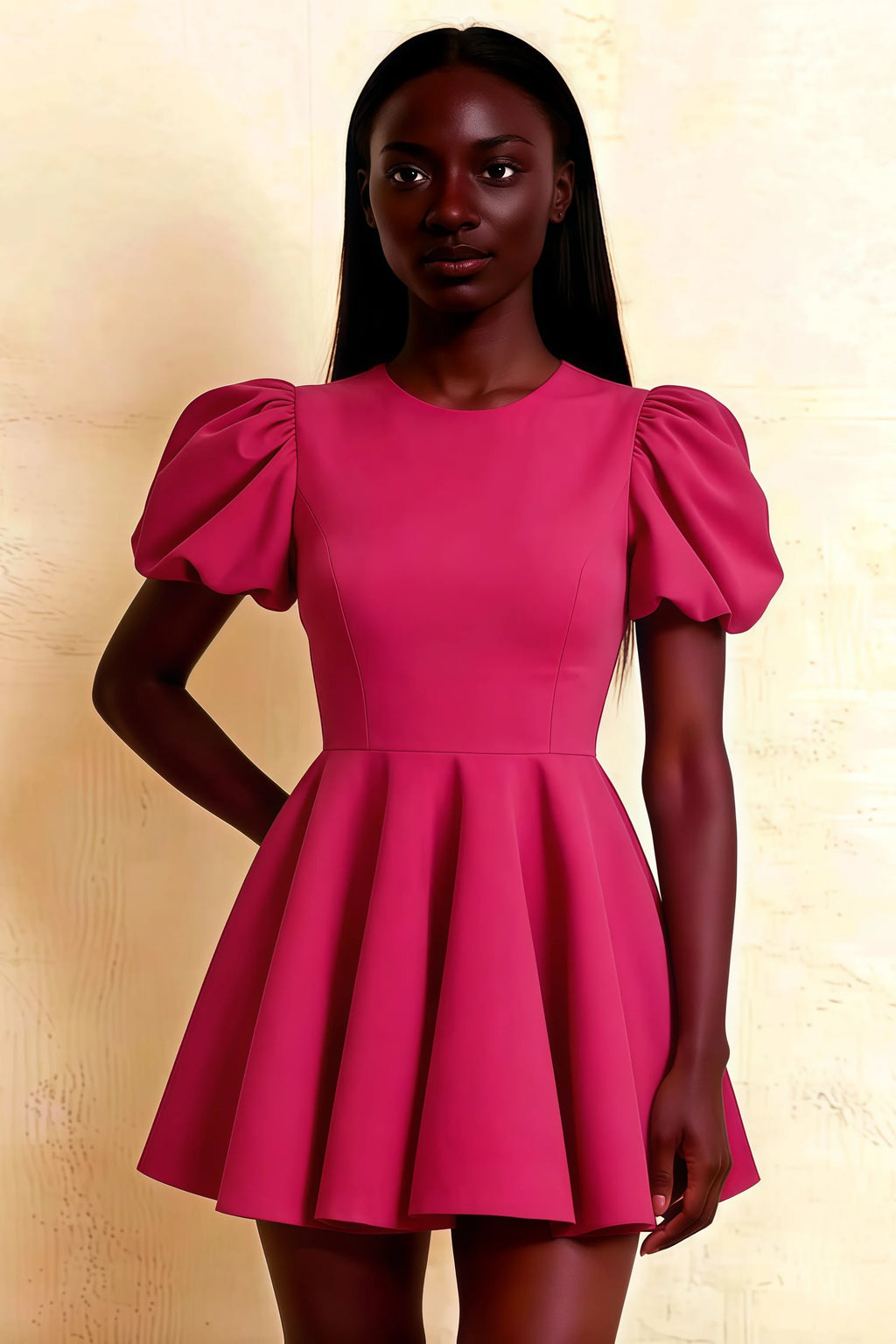 Close-up front view of the LVLVS Celia hot pink stretch crepe dress highlighting the crew neckline and voluminous puff sleeves fit.