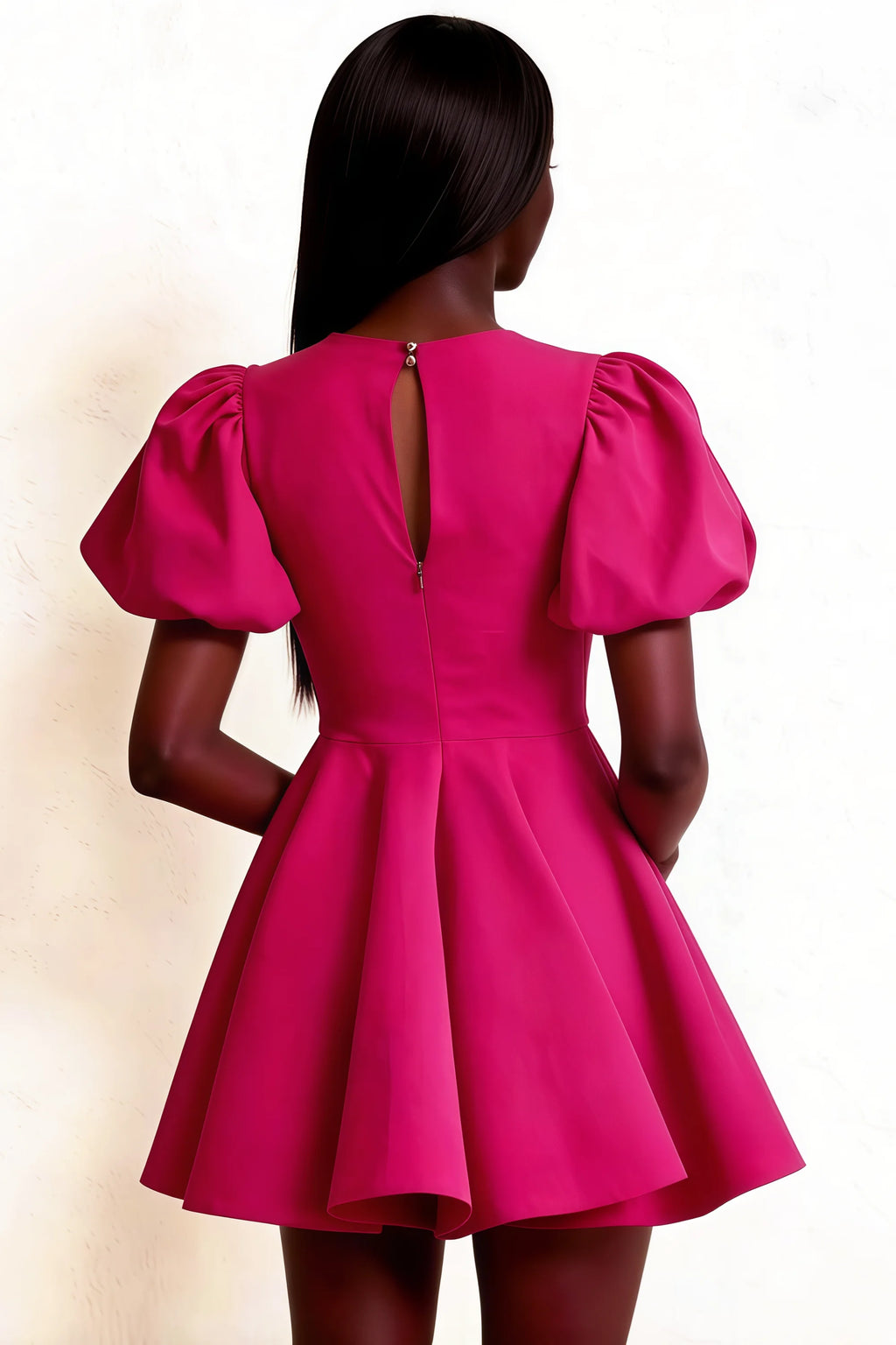 Rear view close-up of the LVLVS Celia hot pink mini dress, focusing on the back zipper and elegant puffed short sleeves design.
