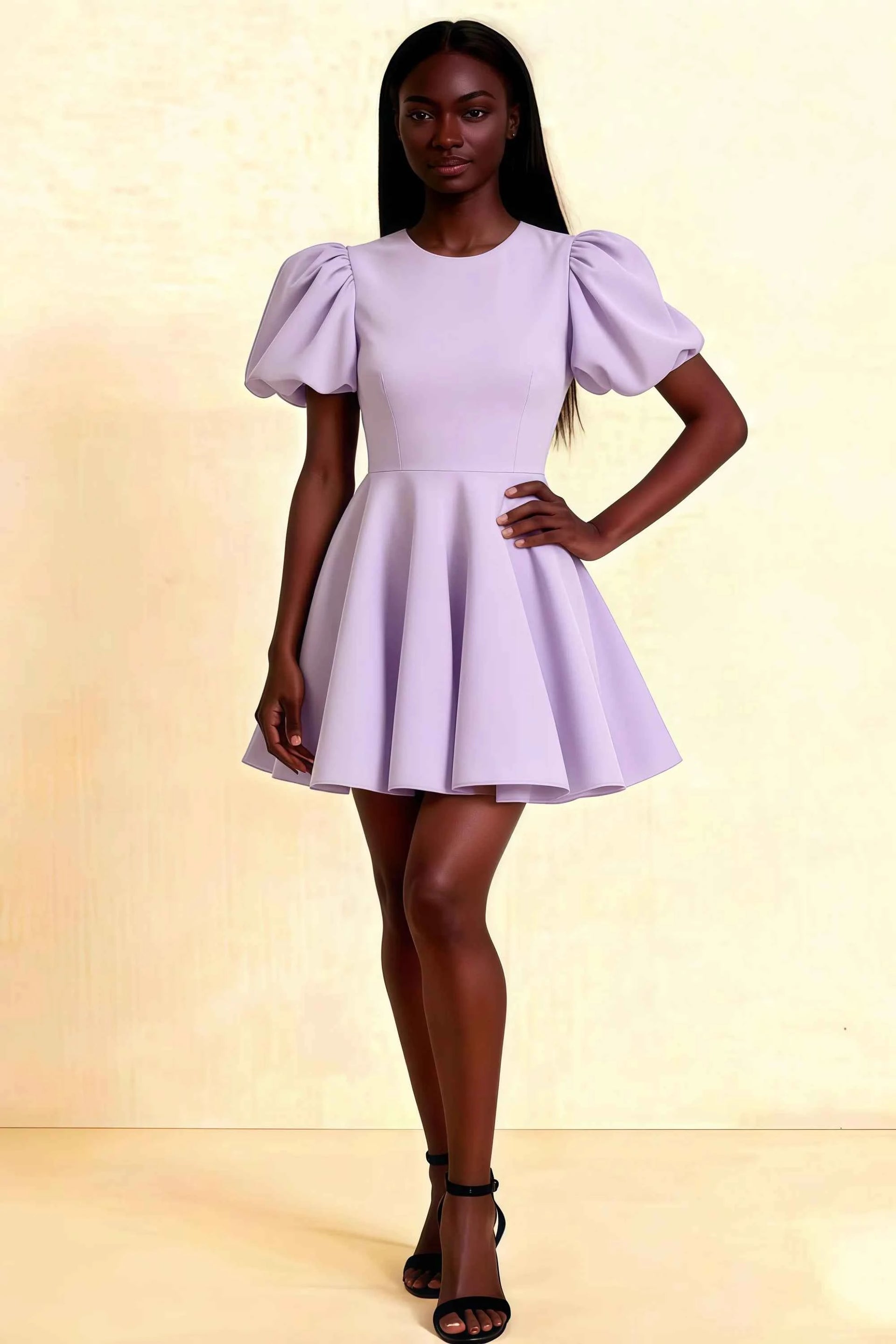 LVLVS Celia lavender stretch crepe puff sleeve mini dress for cocktail party and prom